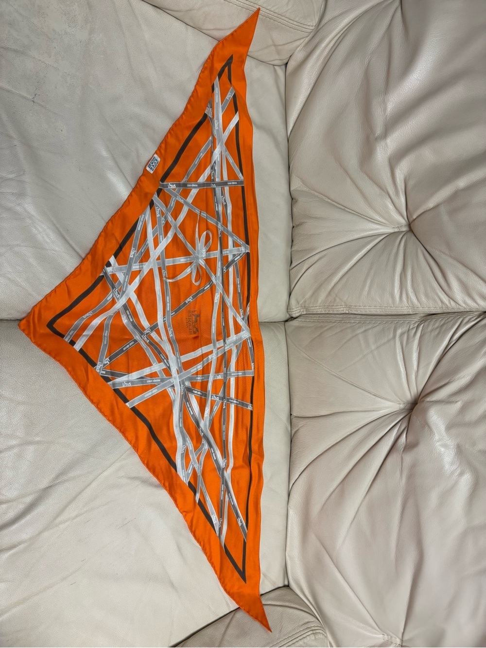 VTG HERMES Bolduc Triangle Silk Scarf Orange Brown White Gray Ribbon - Picture 9 of 15